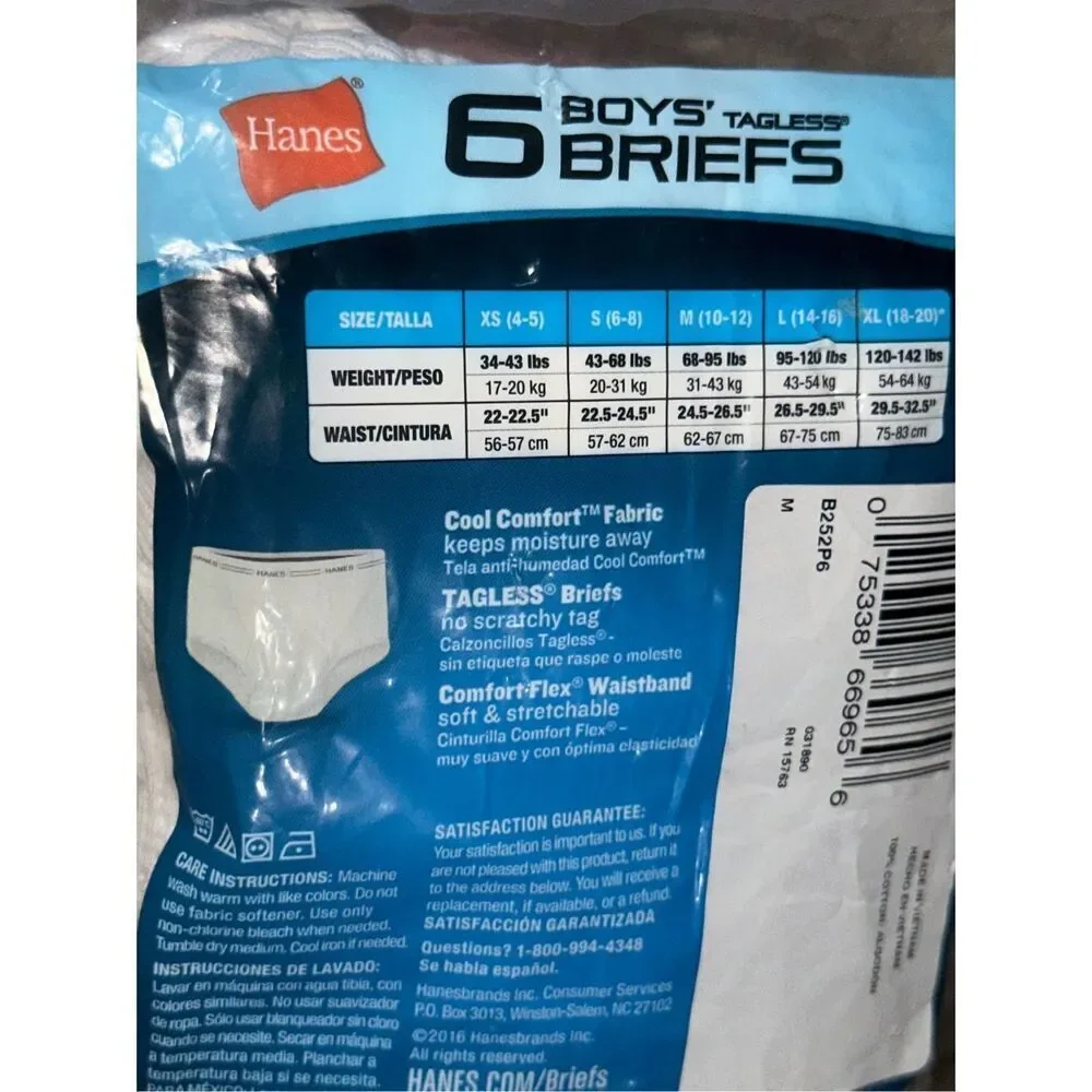 NEW WITH TAGS Hanes~Boys 6-Pairs Tagless Briefs Underwear Wicking Comfort Soft S